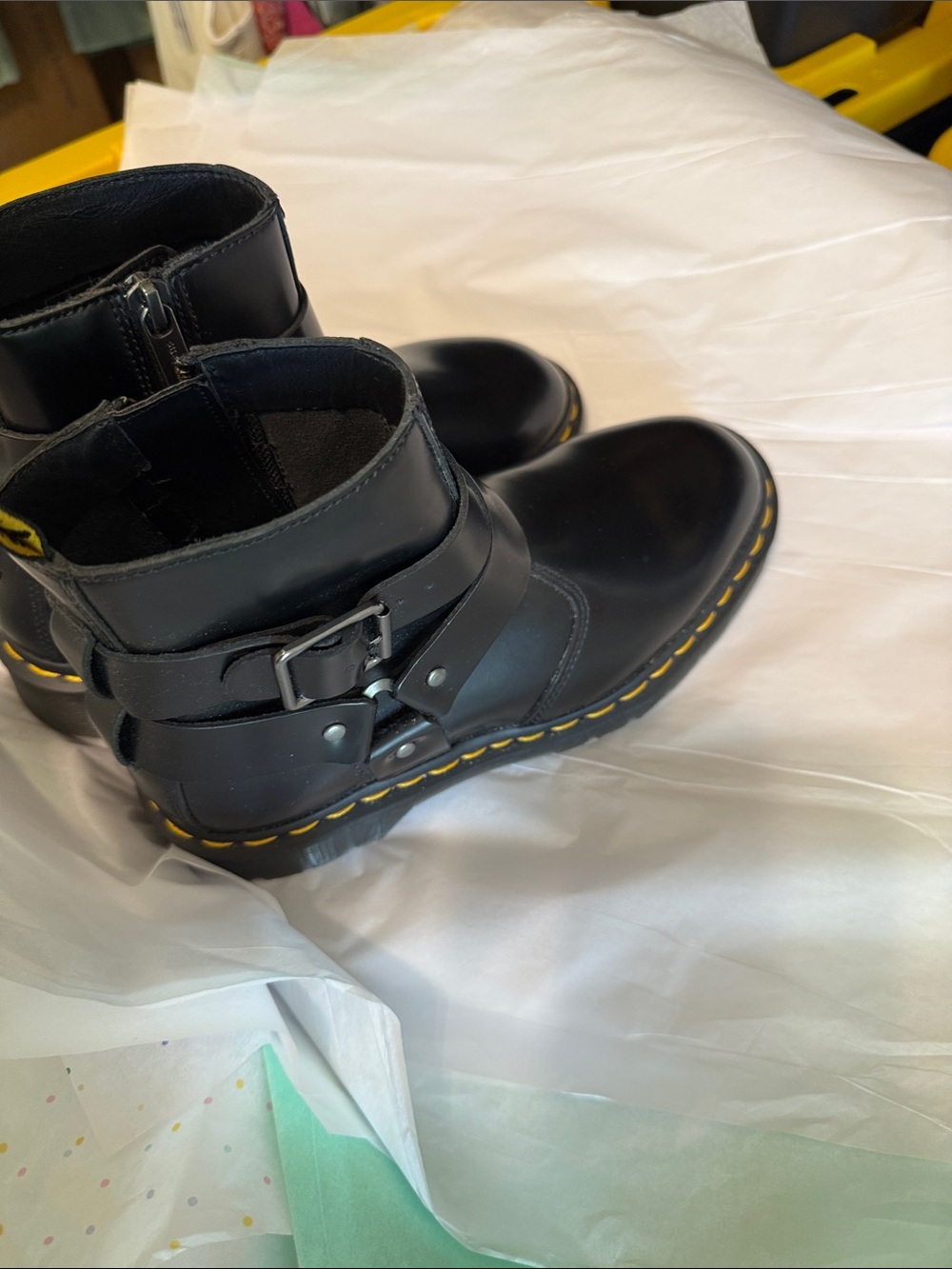 Dr -MartinsBlack Leather Buckle Ankle Boots with Yellow Stitching - Women Shoes - Picture 11 of 11